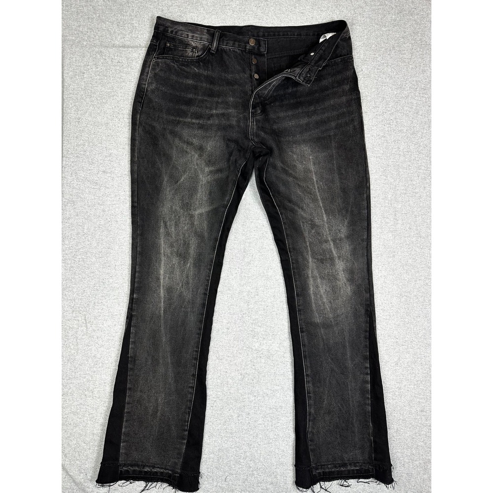 MNML Flared Denim Jeans Mens 38 Black Frayed Released Hem Side Panel Streetwear